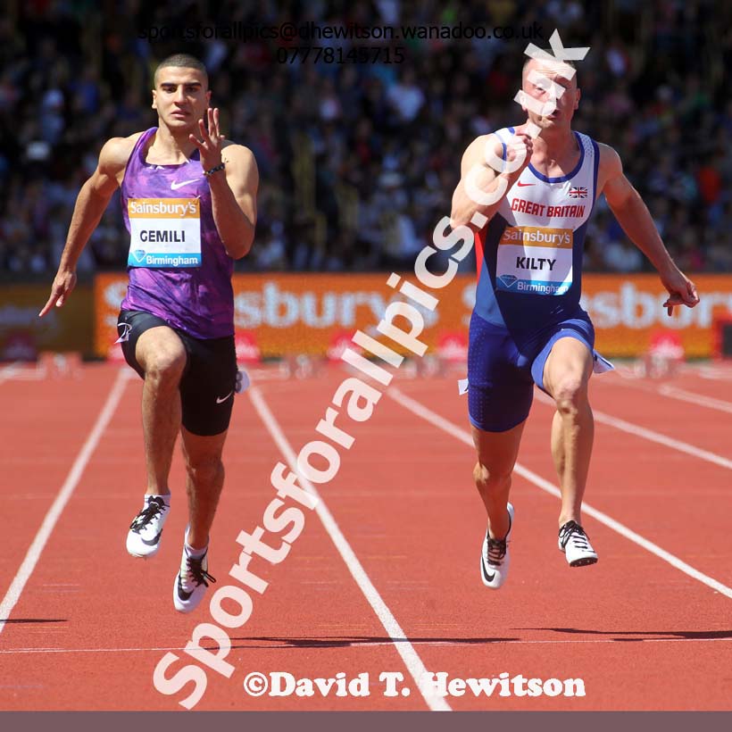Adam Gemili (GB) and Richard Kilty (GB)  mens 100 metres heats, IAAF Diamond League, Birmingham. Photo: David T. Hewitson/Sports for All Pics